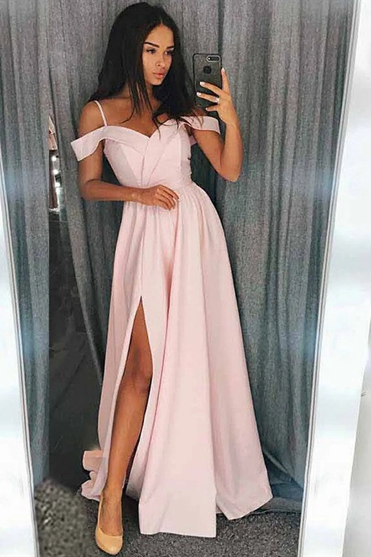 Off the Shoulder Pink Satin Prom Dresses, Pink Off Shoulder Satin Formal Graduation Dresses