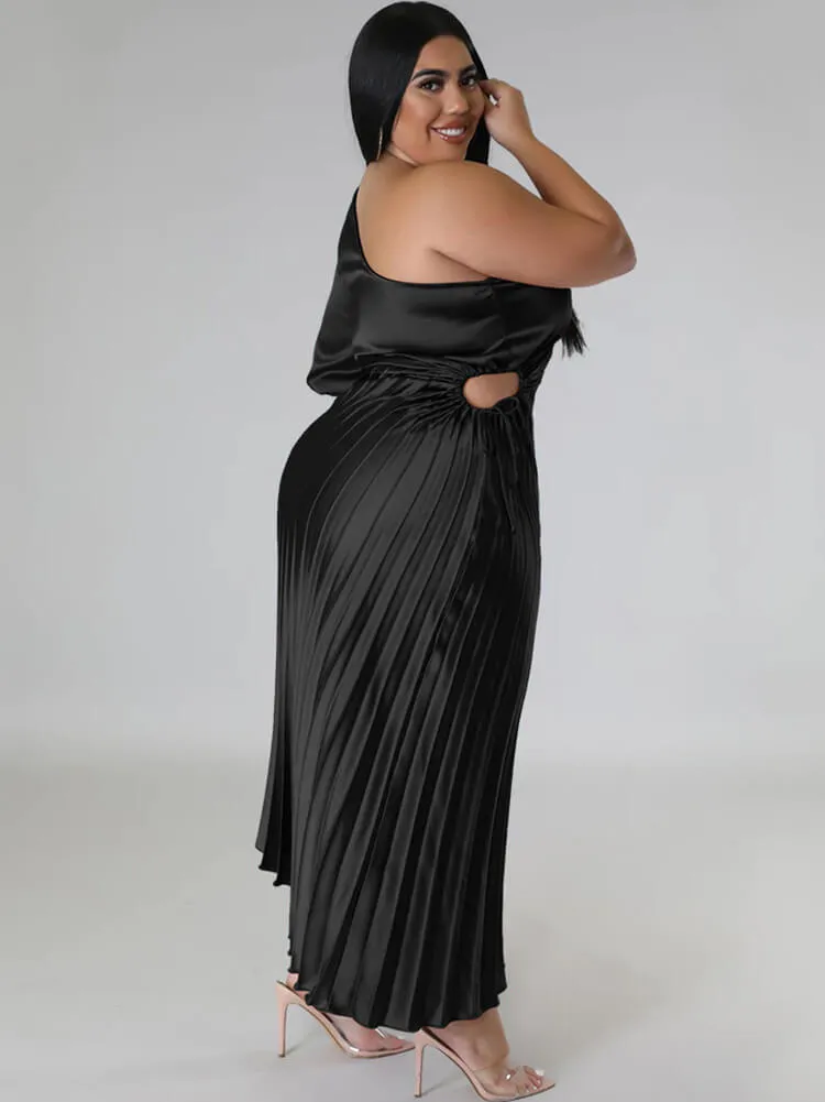 One Shoulder Lace Up Ruched Maxi Dresses