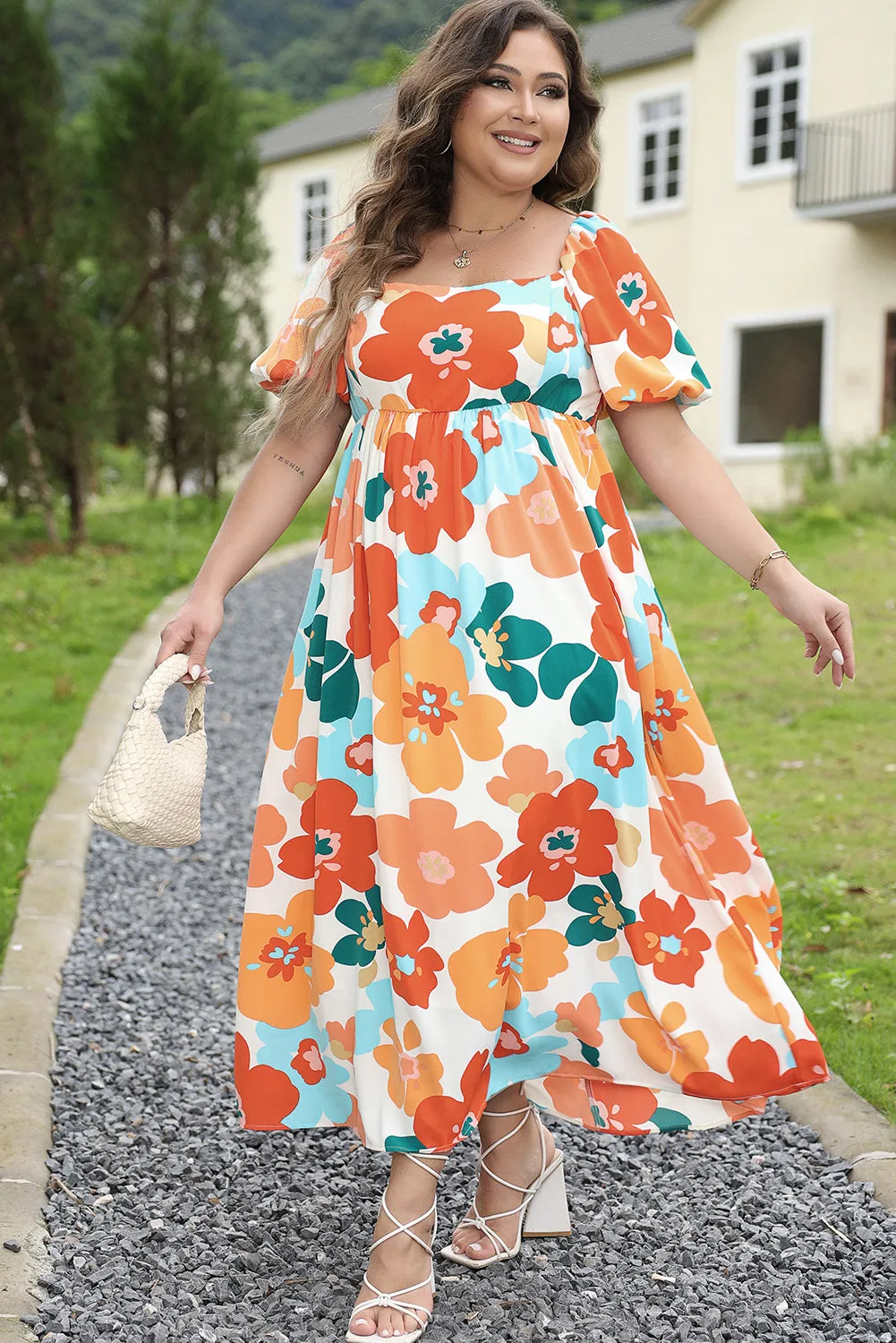 Plus Size Flower Shirred Maxi Dress