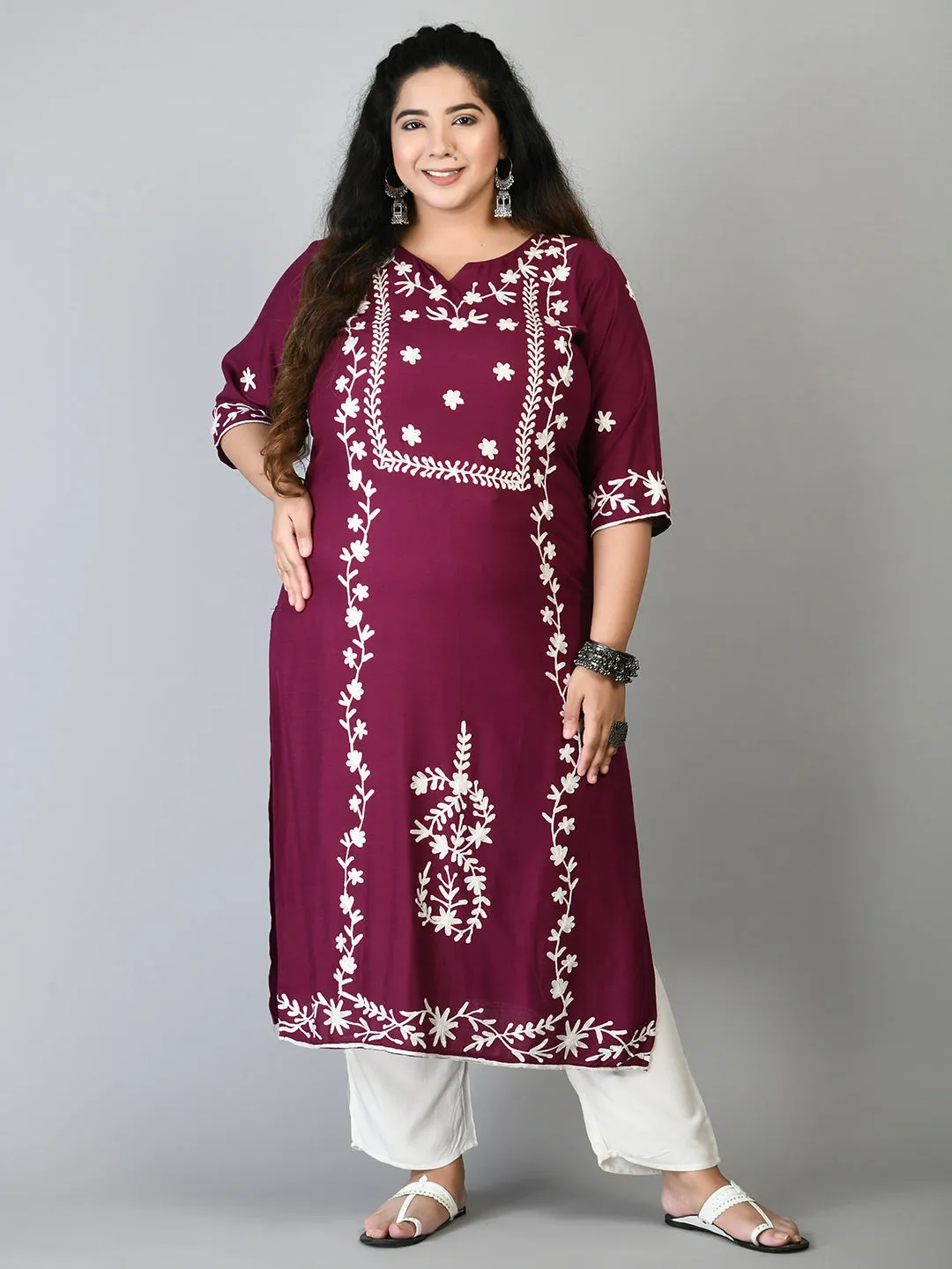 Plus Size Poetic Dark Purple Embroidered Kurta Pant Set with Dupatta