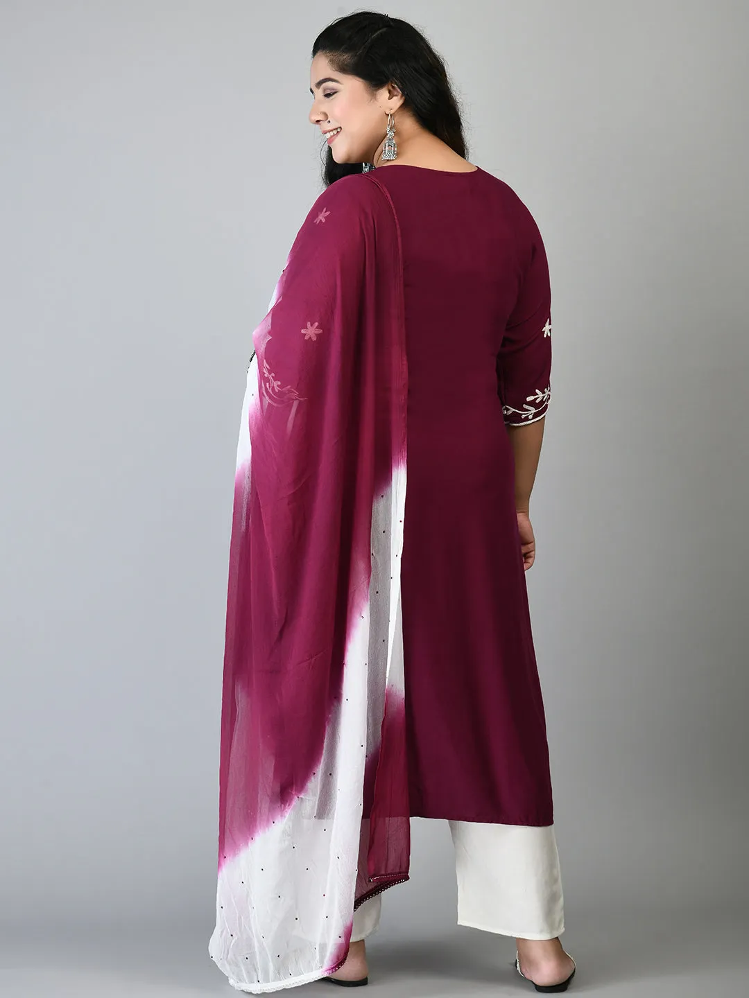 Plus Size Poetic Dark Purple Embroidered Kurta Pant Set with Dupatta