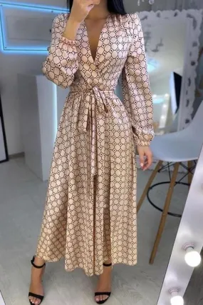 Print Puff Long Sleeve Belted Maxi Dress