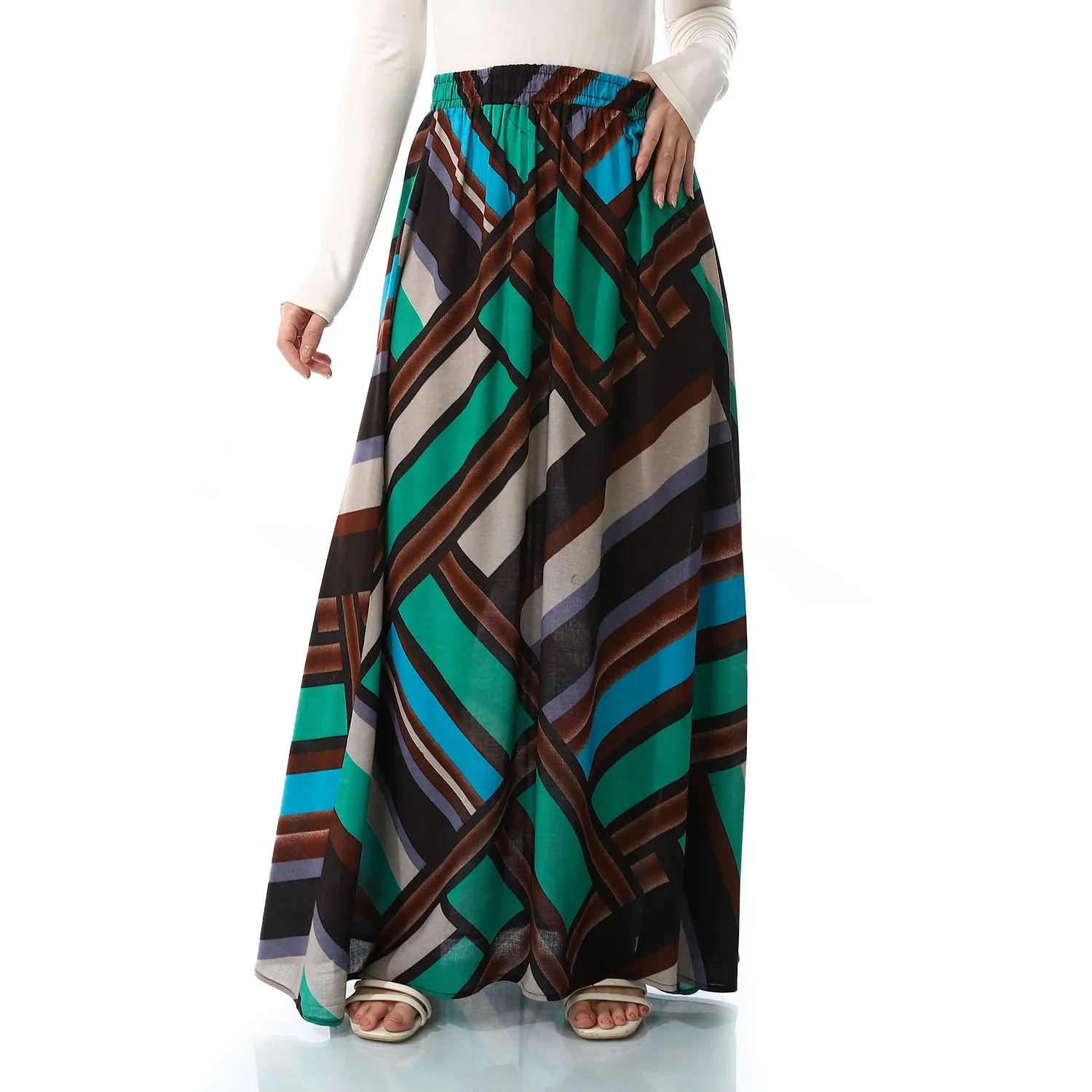 Printed Long Skirt - SS24MSCASKIRT3035-1-GREEN*BROWN