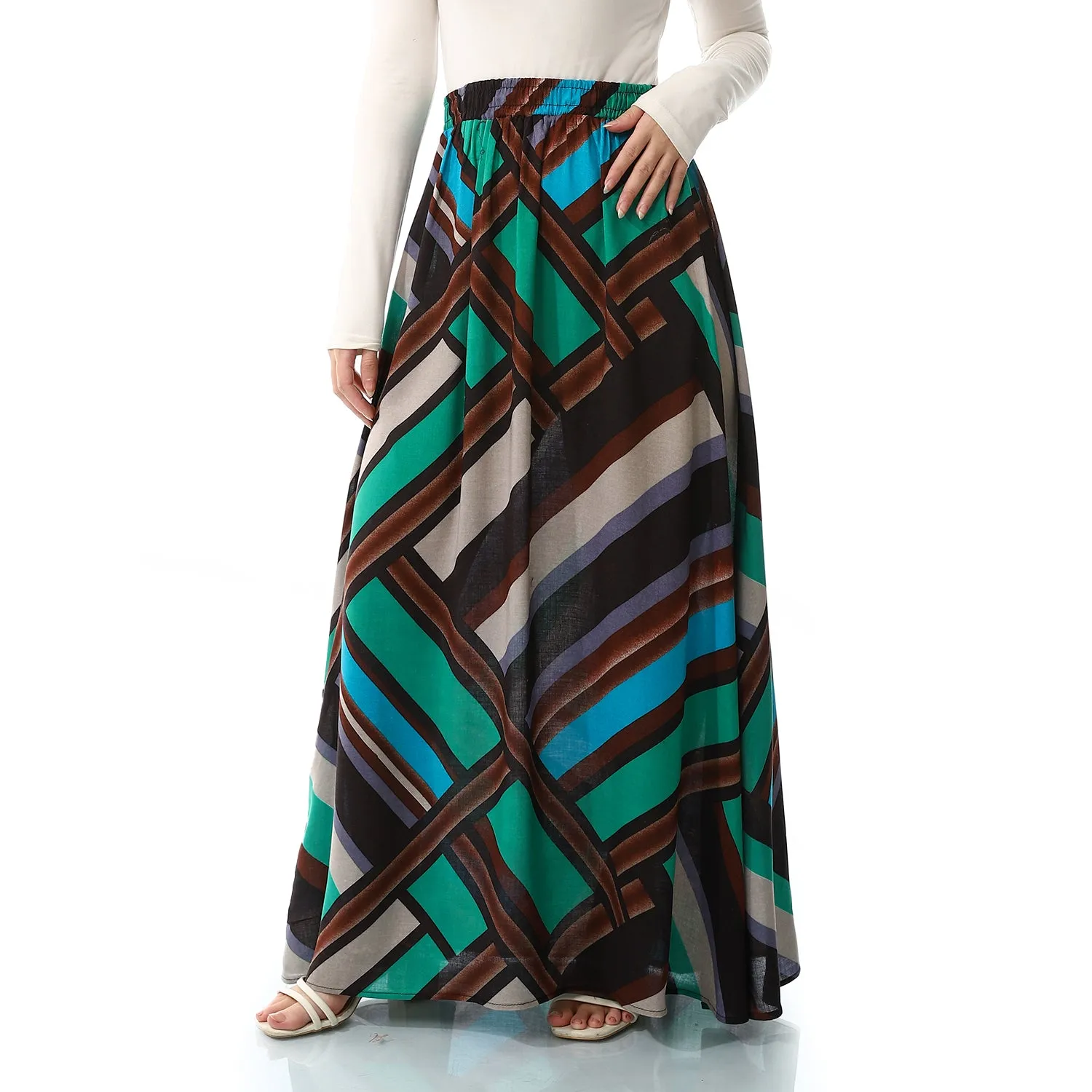 Printed Long Skirt - SS24MSCASKIRT3035-1-GREEN*BROWN