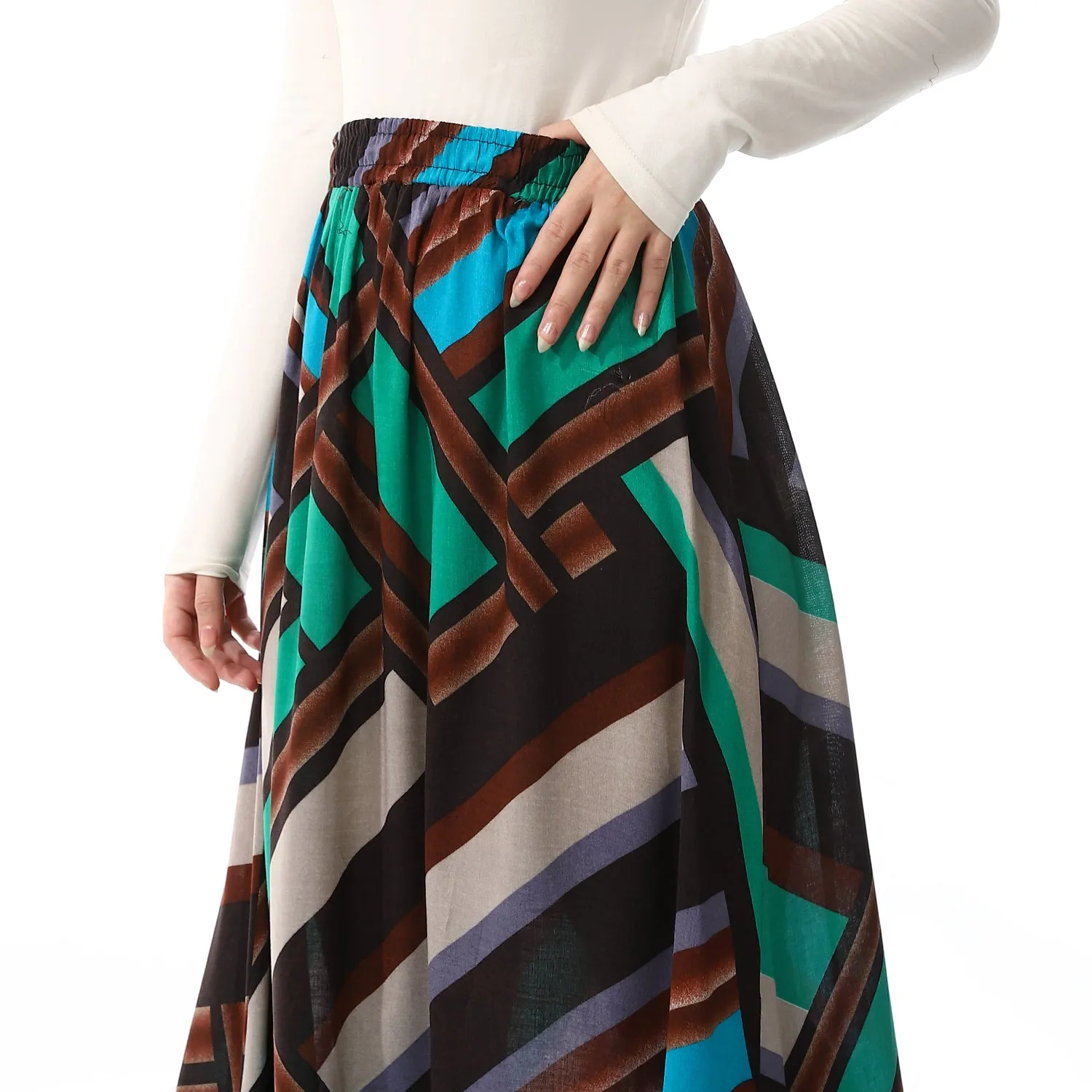 Printed Long Skirt - SS24MSCASKIRT3035-1-GREEN*BROWN