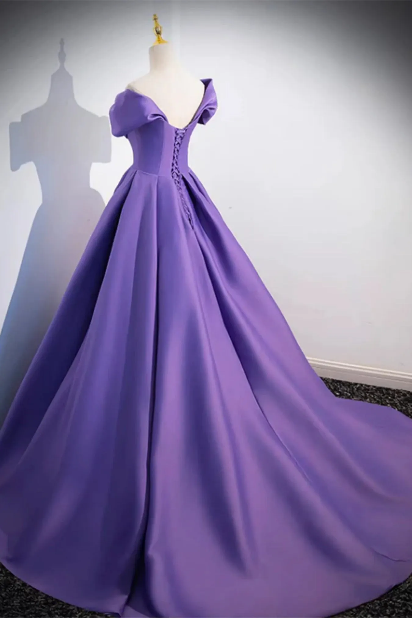 Purple Satin Off Shoulder Long Prom Dresses, Off the Shoulder Formal Dresses, Purple Evening Dresses WT1426