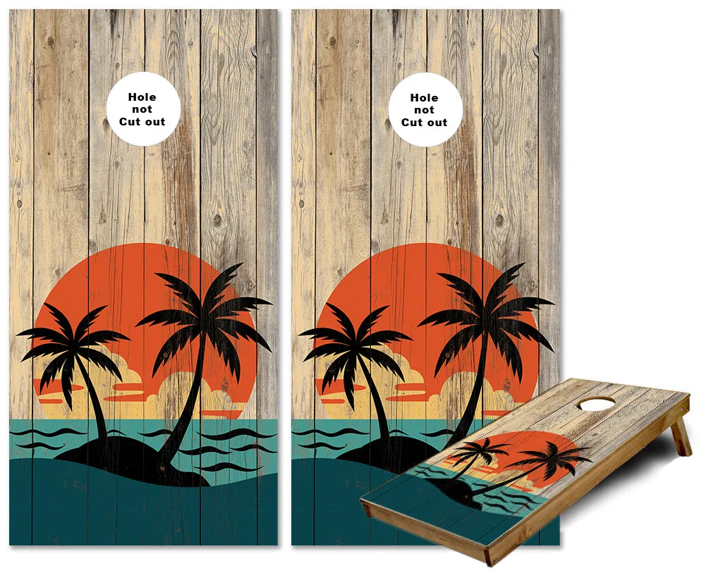 Rustic Beach Palm Tree Wood look cornhole wraps