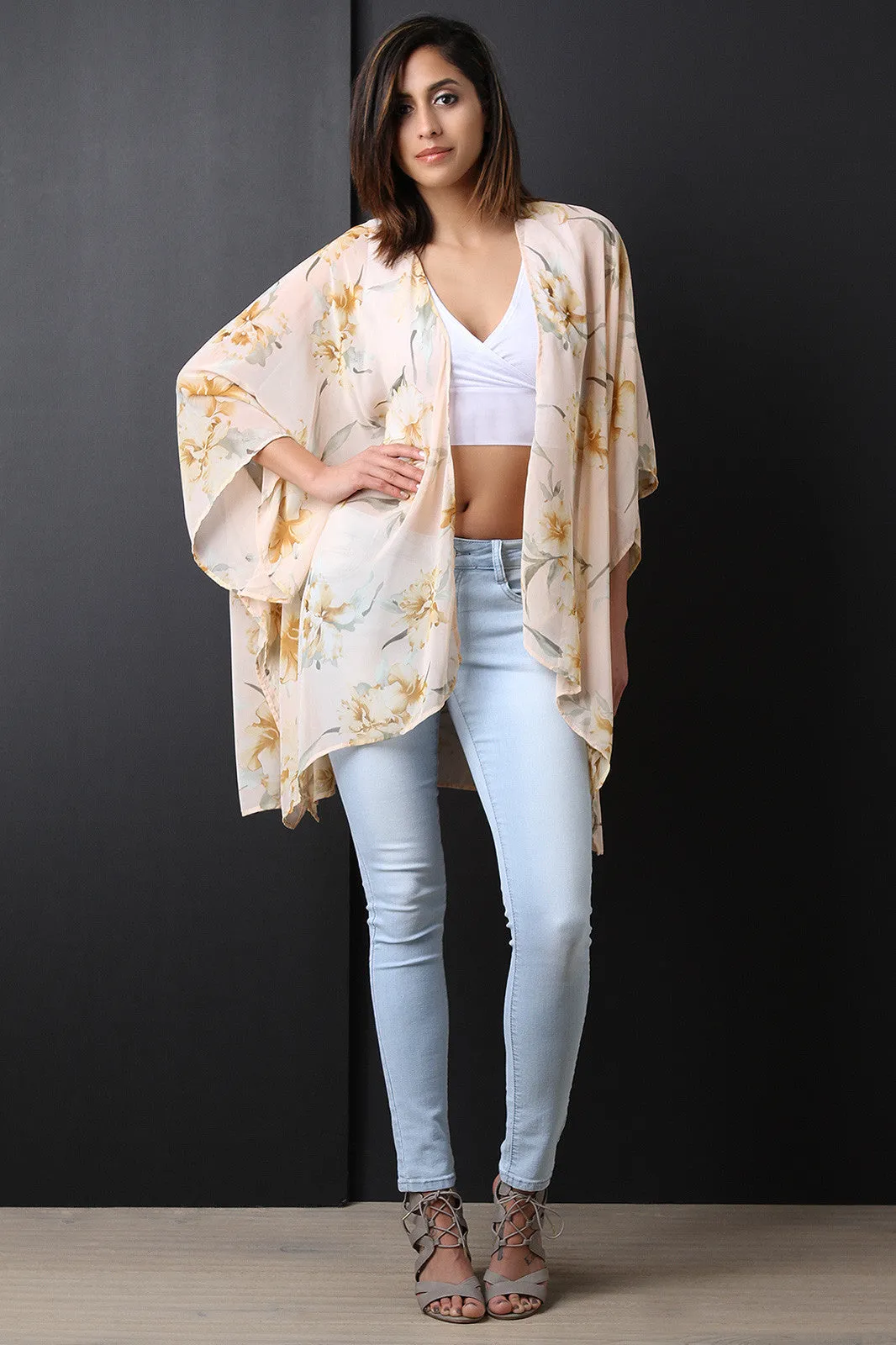 Semi-Sheer Floral Chiffon Draped Open Kimono Cardigan