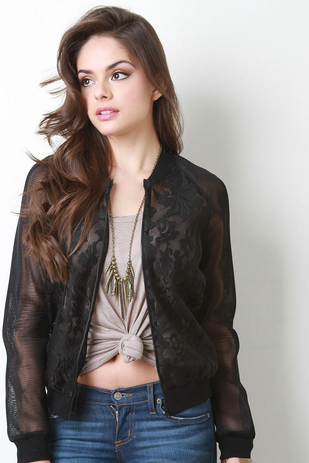 Semi-Sheer Floral Mesh Bomber Jacket