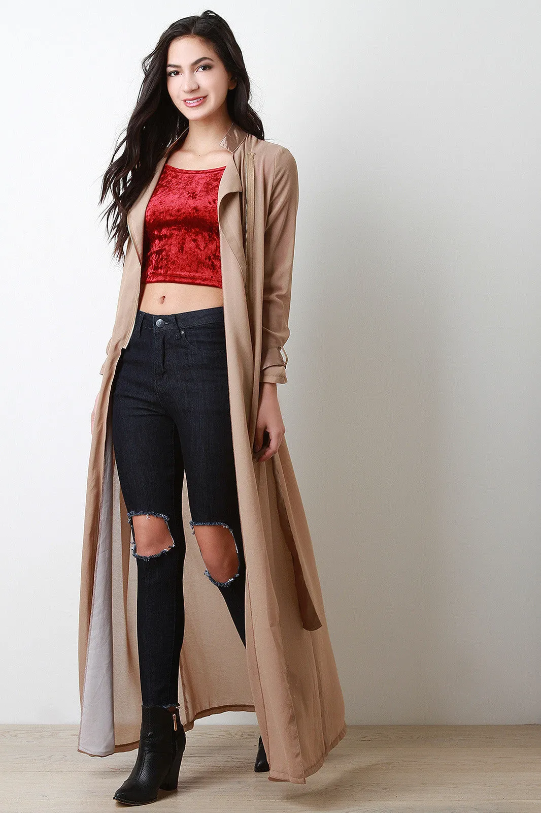 Side Zipper Longline Sheer Jacket