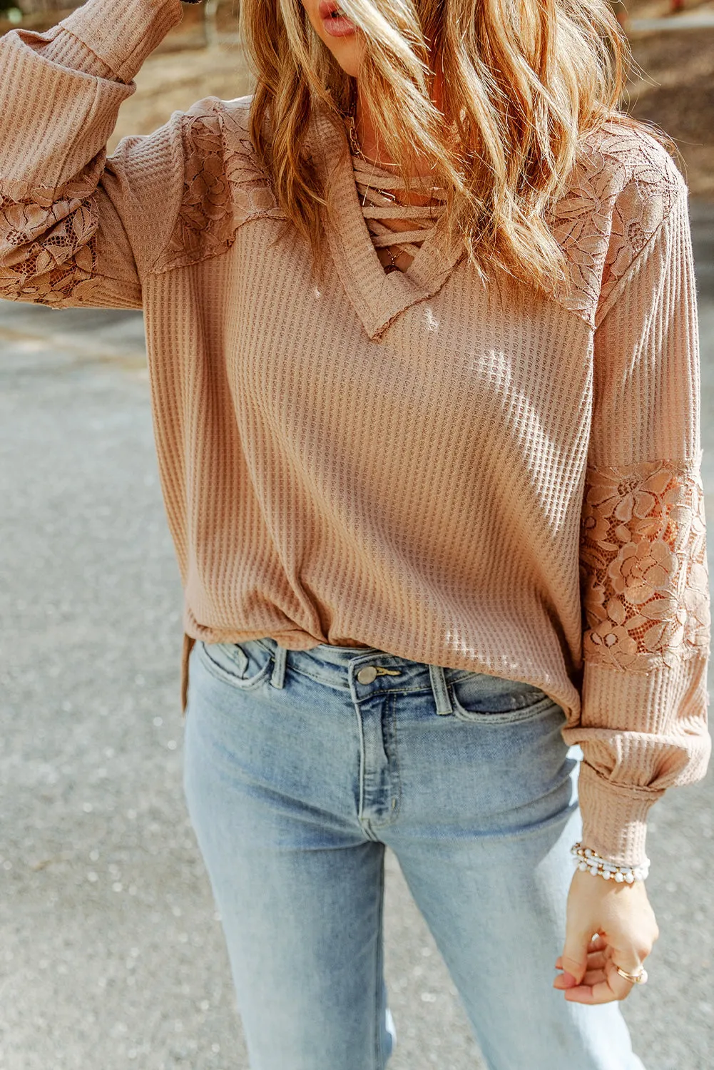 Strappy V Neck Long Sleeve Top