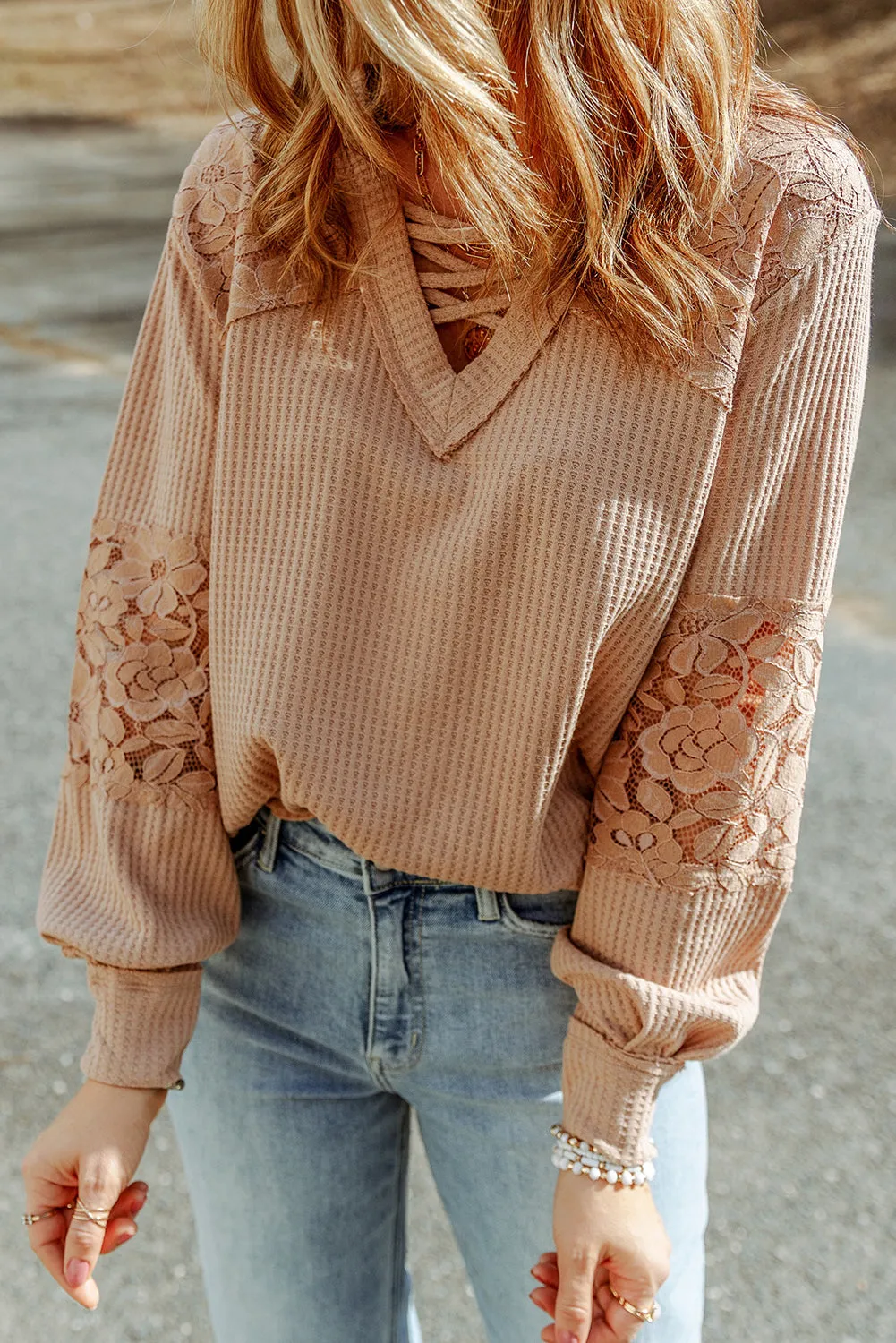 Strappy V Neck Long Sleeve Top