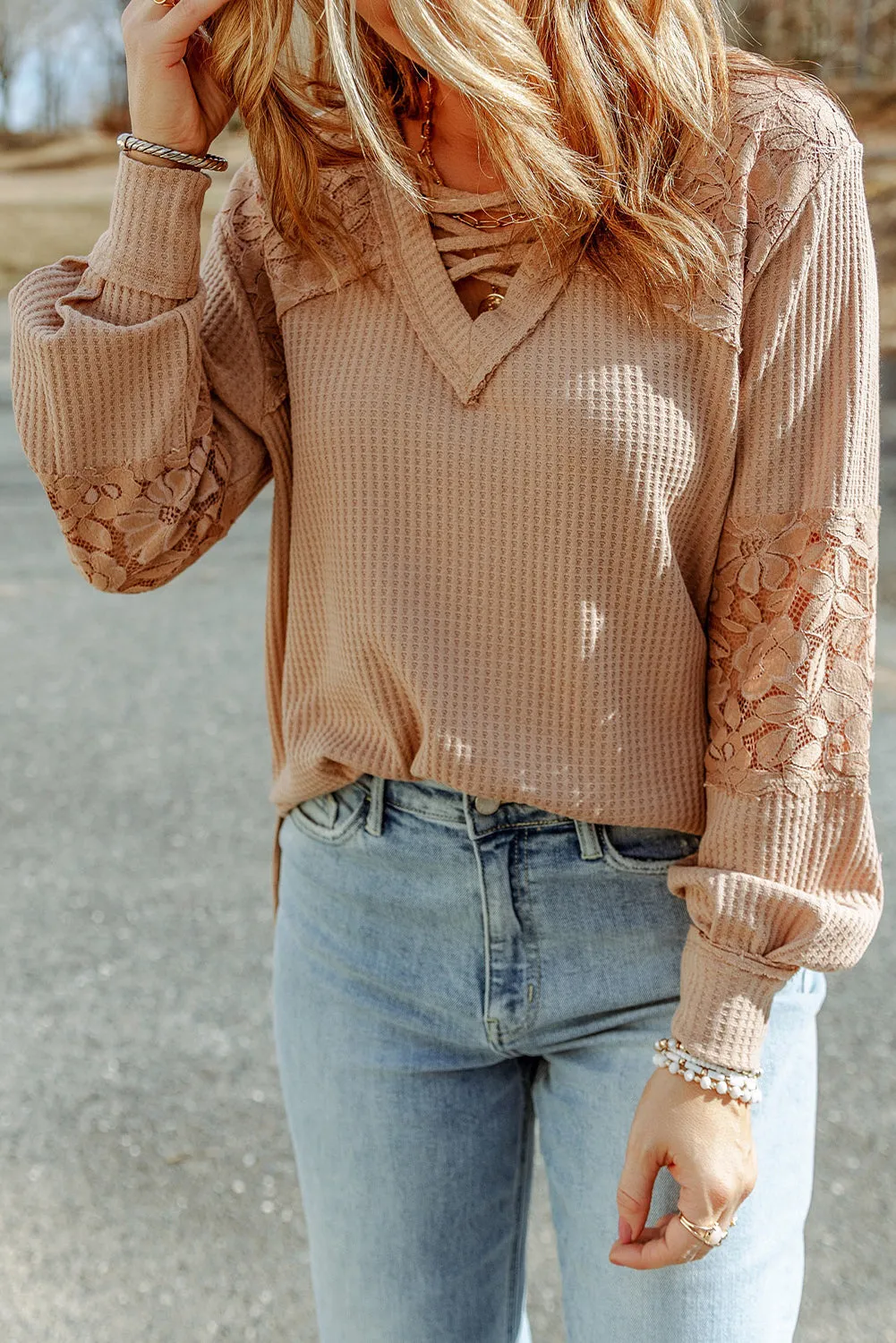 Strappy V Neck Long Sleeve Top