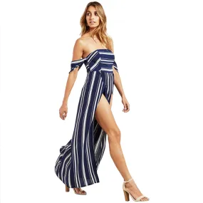 Summer Women Off Shoulder  Neck Striped Dress