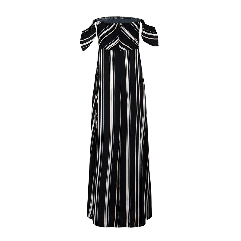 Summer Women Off Shoulder  Neck Striped Dress