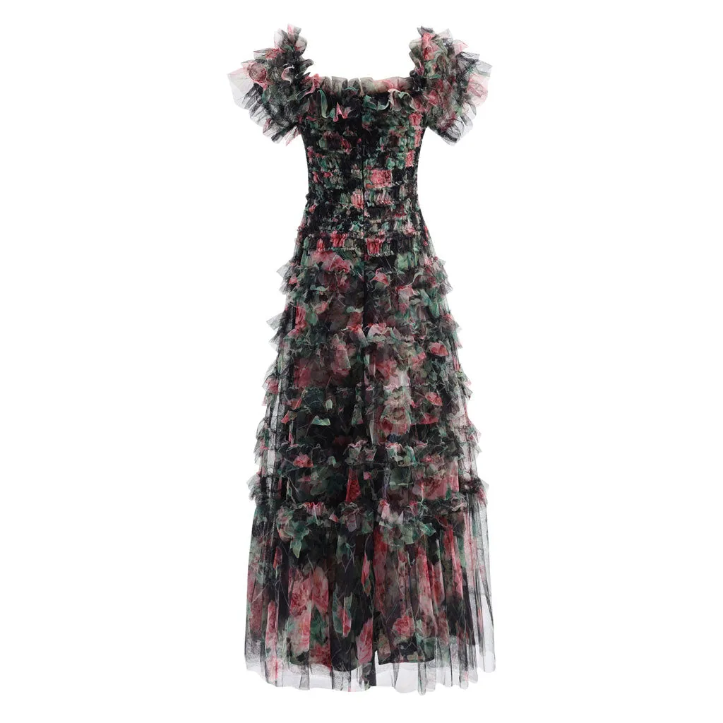 Sweet Floral Print Off Shoulder Short Sleeve Ruffle Tier Layered Tulle Maxi Dress