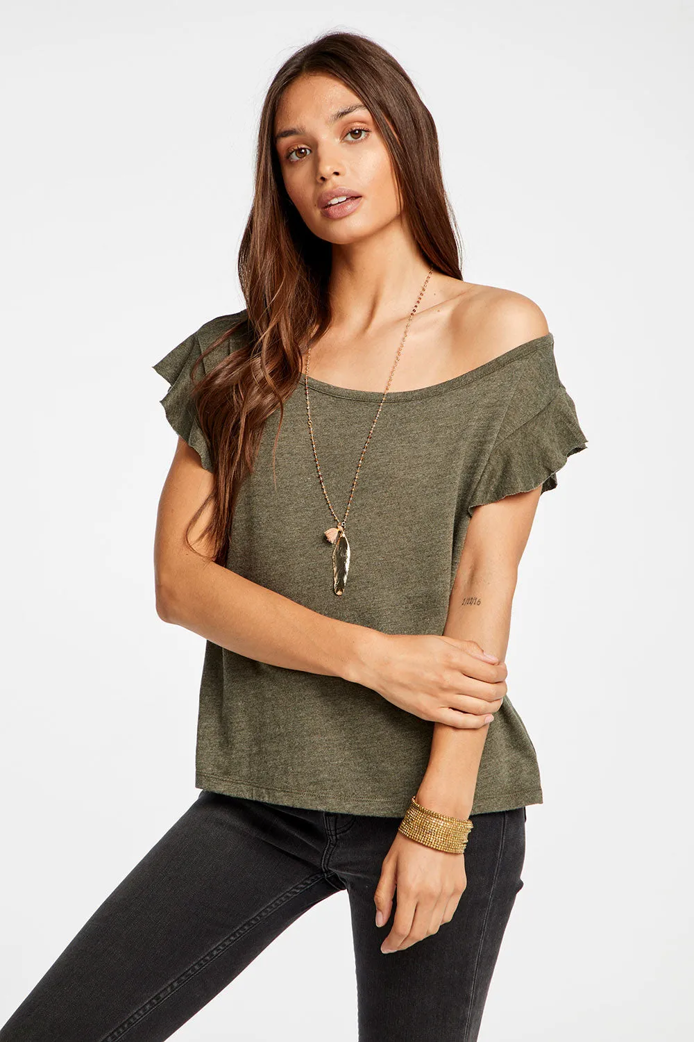 Triblend Jersey Cropped Flutter Sleeve Open Neck Tee