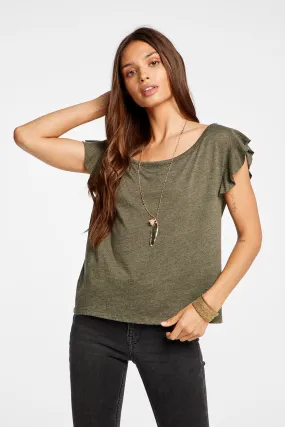 Triblend Jersey Cropped Flutter Sleeve Open Neck Tee