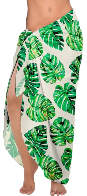 White Allover Tropical Monstera Leaves Print Beach Wrap For Women