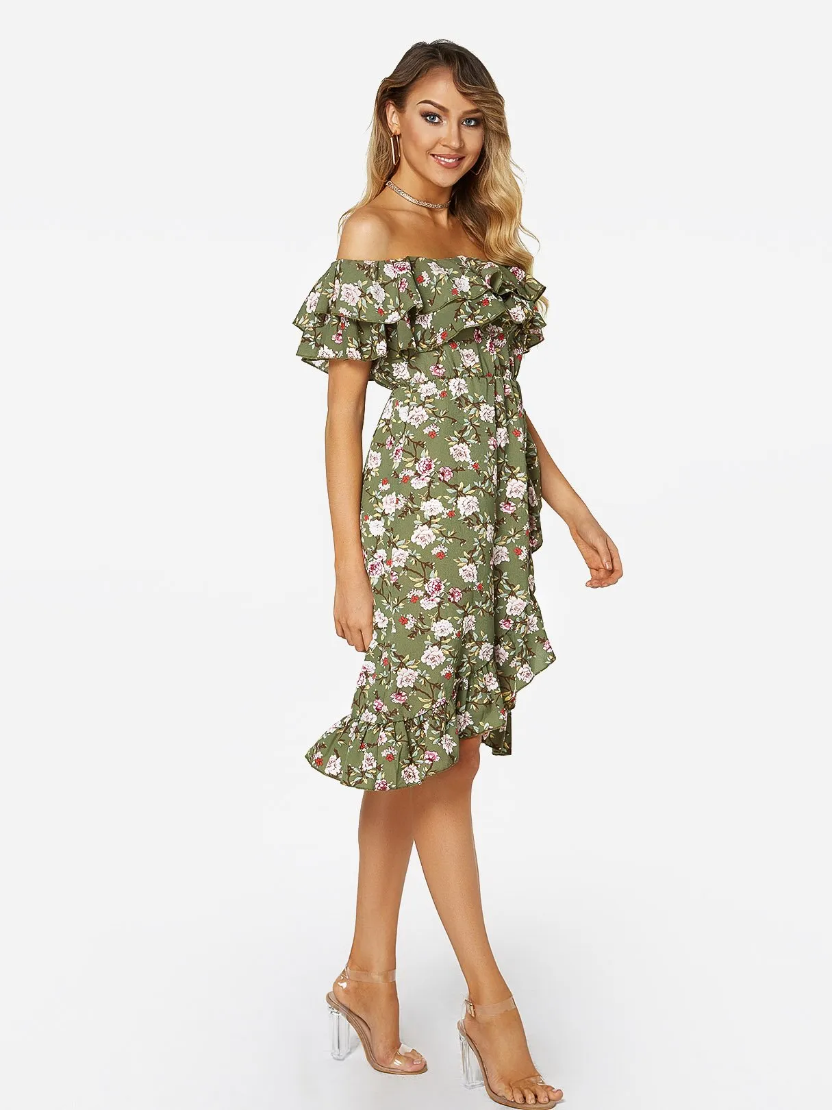 Wholesale Green Off The Shoulder Sleeveless Floral Print Flounced Hem Dresses