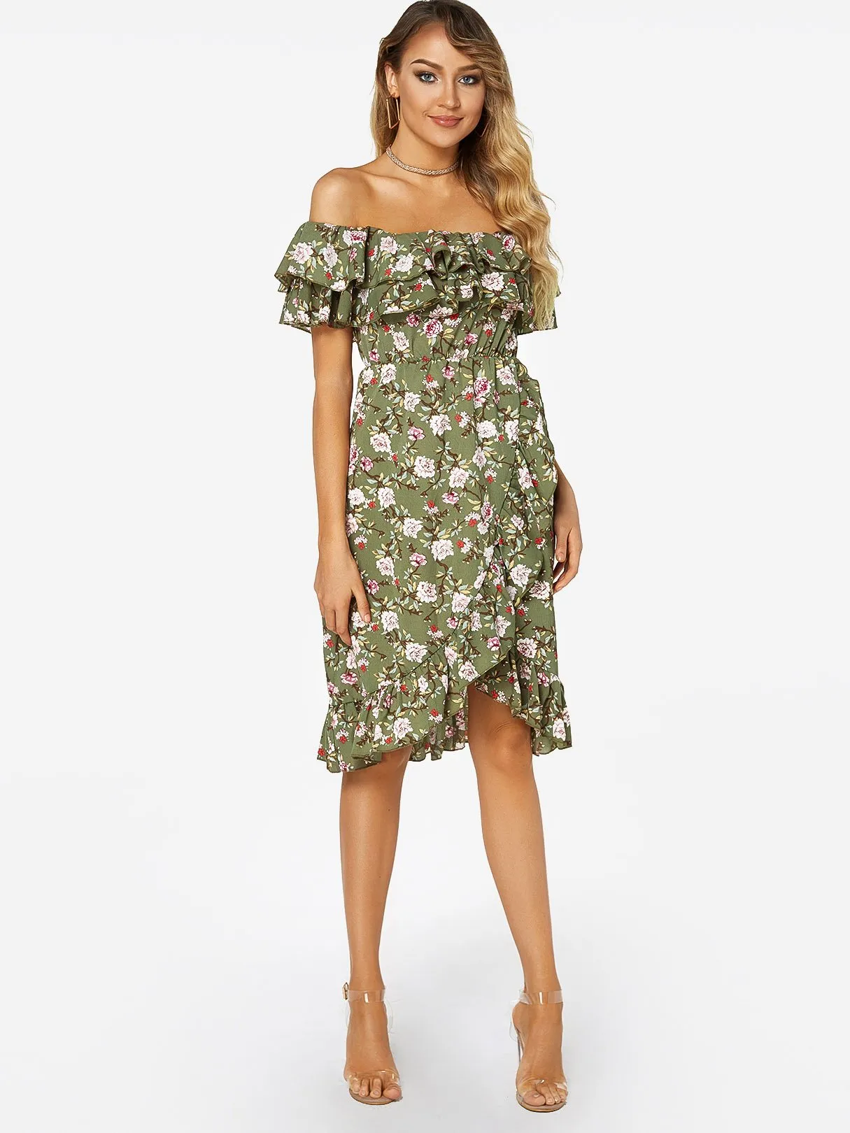 Wholesale Green Off The Shoulder Sleeveless Floral Print Flounced Hem Dresses