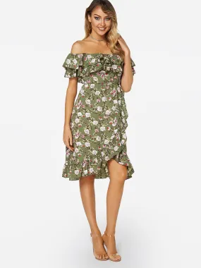 Wholesale Green Off The Shoulder Sleeveless Floral Print Flounced Hem Dresses