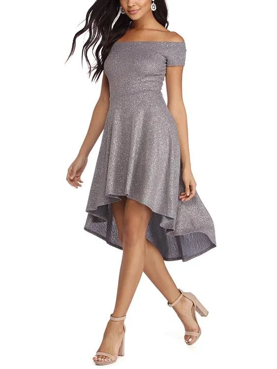 Wholesale Grey Off The Shoulder Short Sleeve Plain Dress