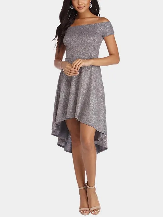 Wholesale Grey Off The Shoulder Short Sleeve Plain Dress