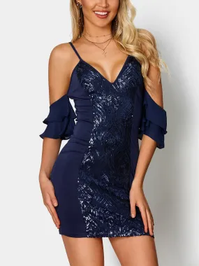 Wholesale Navy Off The Shoulder Half Sleeve Zip Back Dresses