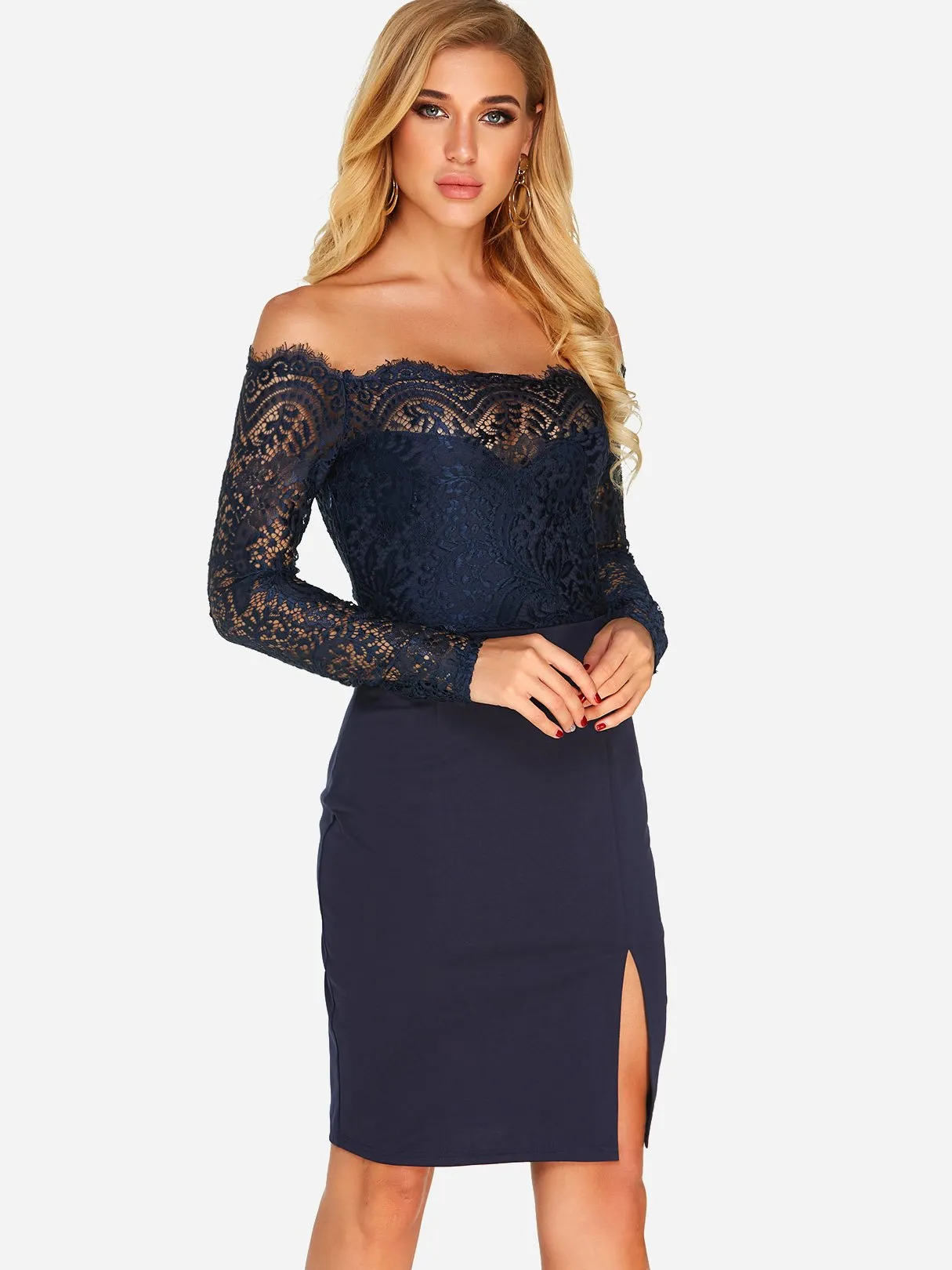 Wholesale Navy Off The Shoulder Long Sleeve Lace Slit Dresses