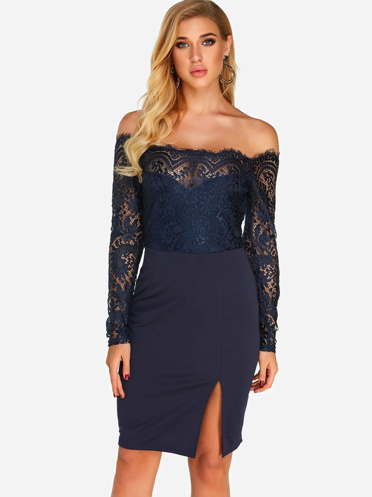 Wholesale Navy Off The Shoulder Long Sleeve Lace Slit Dresses