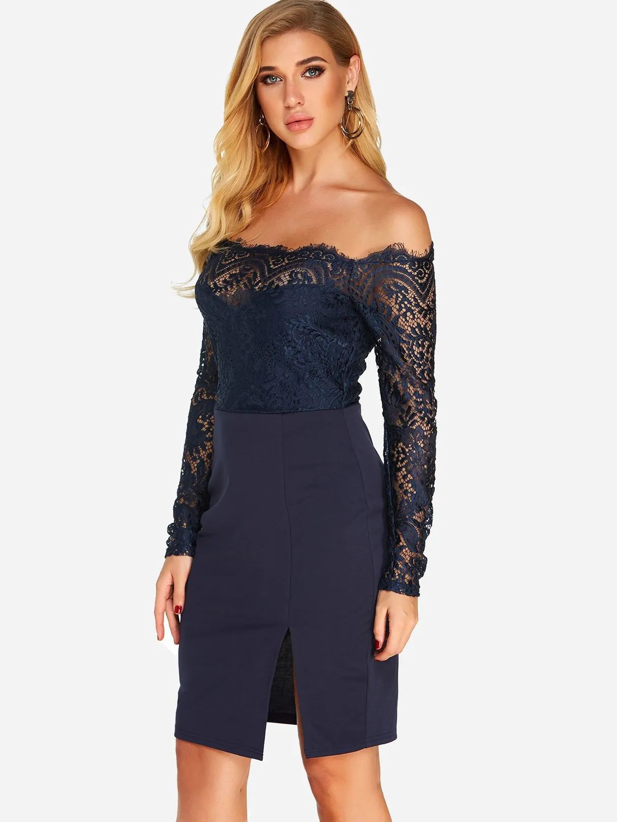 Wholesale Navy Off The Shoulder Long Sleeve Lace Slit Dresses