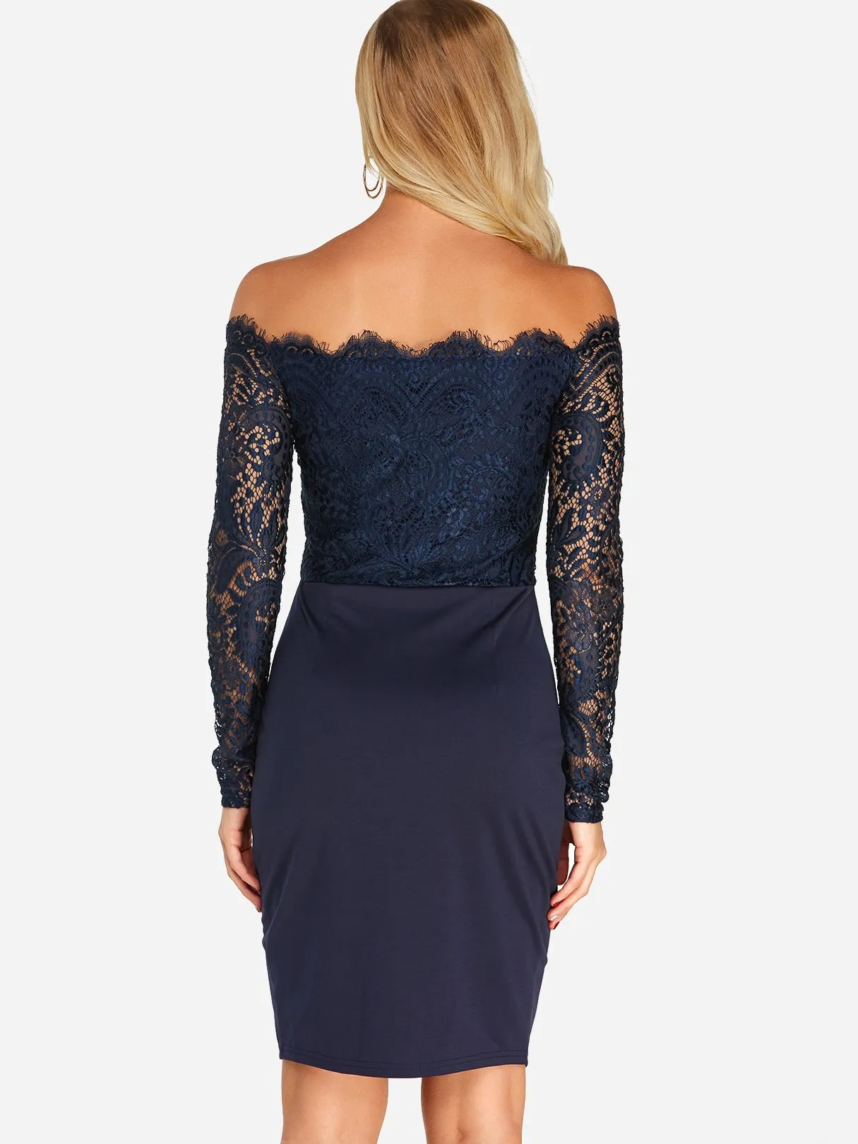 Wholesale Navy Off The Shoulder Long Sleeve Lace Slit Dresses