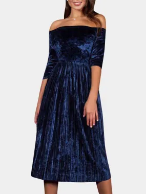 Wholesale Off The Shoulder Pleated Half Sleeve Blue Dress